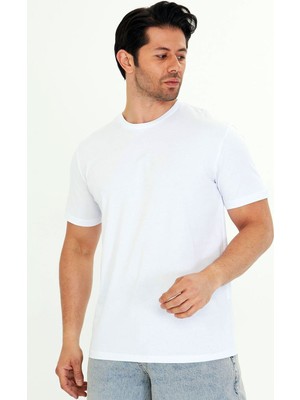 Trendhill Erkek Beyaz Pamuklu Bisiklet Yaka Büyük Beden T-Shirt BYZ5014B