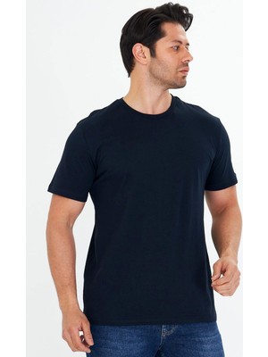 Trendhill Erkek Lacivert Pamuklu Bisiklet Yaka Büyük Beden T-Shirt LCV5014B
