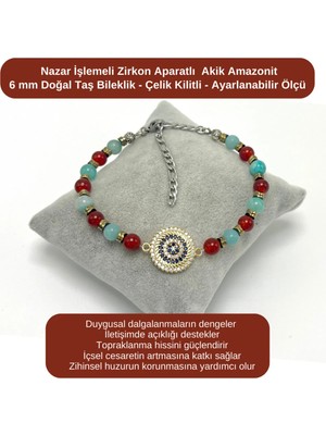 Yıldız Doğal Taş Sertifikalı Nazar Işlemeli Zirkon - Akik - Amazonit - 6mm Doğal Taş Bileklik - Ayarlanabilir Ölçü