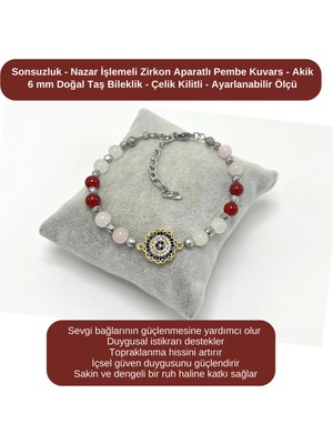 Yıldız Doğal Taş Sertifikalı Sonsuzluk ve Nazar Işlemeli Zirkon - Pembe Kuvars - Akik - 6mm Doğal Taş Bileklik