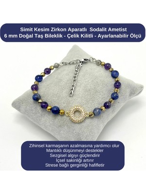 Yıldız Doğal Taş Sertifikalı Simit Kesim Zirkon - Sodalit - Ametist - 6mm Doğal Taş Bileklik - Ayarlanabilir Ölçü