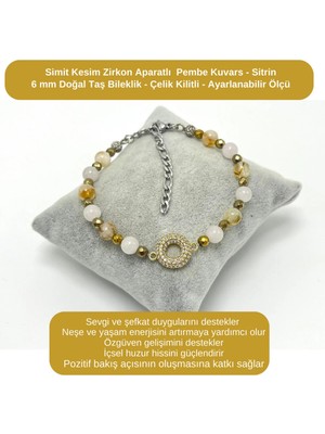 Yıldız Doğal Taş Sertifikalı Simit Kesim Zirkon - Pembe Kuvars - Sitrin - 6mm Doğal Taş Bileklik - Ayarlanabilir Ölçü
