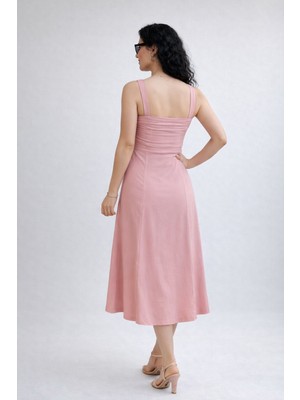 Lifera Butik Lifera Askılı Kare Yaka Midi Elbise