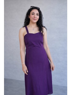Lifera Butik Lifera Askılı Kare Yaka Midi Elbise