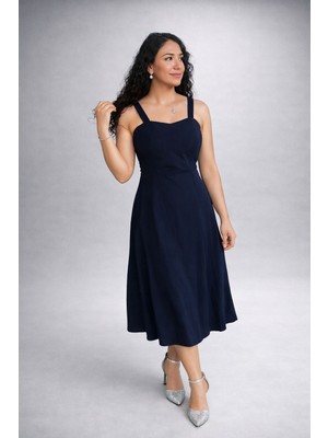 Lifera Butik Lifera Askılı Kare Yaka Midi Elbise