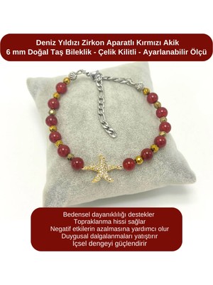 Yıldız Doğal Taş Sertifikalı Deniz Yıldızı Zirkon Aparatlı Kırmızı Akik - 6mm Doğal Taş Bileklik - Ayarlanabilir Ölçü