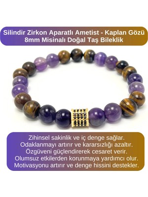Yıldız Doğal Taş Sertifikalı Zirkon Aparatlı Ametist - Kaplan Gözü - 8mm Doğal Taş Misinalı Bileklik