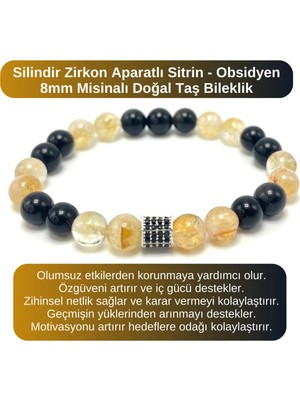 Yıldız Doğal Taş Sertifikalı Zirkon Aparatlı Sitrin - Obsidyen - 8mm Doğal Taş Misinalı Bileklik