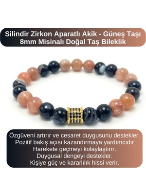 Yıldız Doğal Taş Sertifikalı Zirkon Aparatlı Göz Akik - Güneş Taşı - 8mm Doğal Taş Misinalı Bileklik