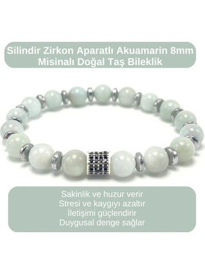 Yıldız Doğal Taş Sertifikalı Zirkon Aparatlı Akuamarin - 8mm Doğal Taş Misinalı Bileklik