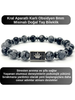 Yıldız Doğal Taş Sertifikalı Zirkon Kral Aparatlı Karlı Obsidyen - 8mm Doğal Taş Misinalı Bileklik