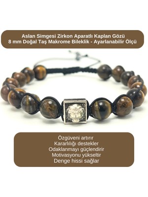 Yıldız Doğal Taş Sertifikalı Zirkon Aslan Aparatlı Kaplan Gözü - 8mm Doğal Taş Bileklik Makrome Ayarlanabilir Ölçü