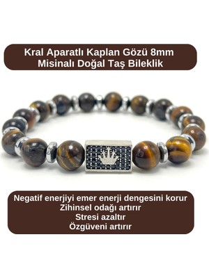 Yıldız Doğal Taş Sertifikalı Zirkon Kral Aparatlı Kaplan Gözü - 8mm Doğal Taş Misinalı Bileklik
