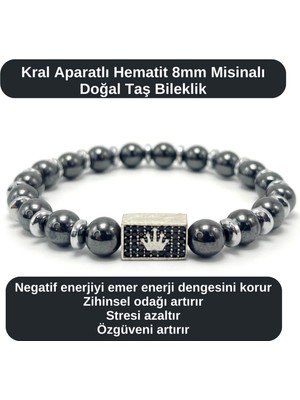 Yıldız Doğal Taş Sertifikalı Zirkon Kral Aparatlı Hematit - 8mm Doğal Taş Misinalı Bileklik