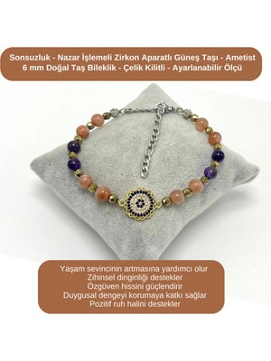 Yıldız Doğal Taş Sertifikalı Sonsuzluk ve Nazar Işlemeli Zirkon - Güneş Taşı - Ametist - 6mm Doğal Taş Bileklik