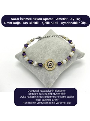 Yıldız Doğal Taş Sertifikalı Nazar Işlemeli Zirkon - Ametist - Ay Taşı - 6mm Doğal Taş Bileklik - Ayarlanabilir Ölçü