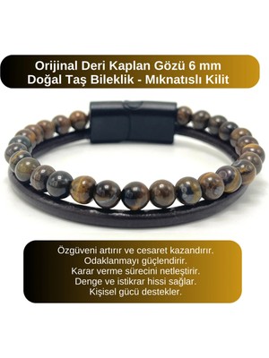 Yıldız Doğal Taş Sertifikalı Orijinal Deri Kaplan Gözü 6mm Doğal Taş Bileklik - Mıknatıslı Kilit