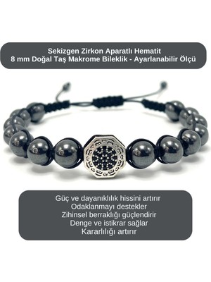 Yıldız Doğal Taş Sertifikalı Zirkon Aparatlı Hematit - 8mm Doğal Taş Bileklik Makrome Ayarlanabilir Ölçü