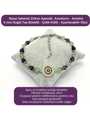 Yıldız Doğal Taş Sertifikalı Nazar Işlemeli Zirkon - Aventurin - Ametist 6mm Doğal Taş Bileklik - Ayarlanabilir Ölçü