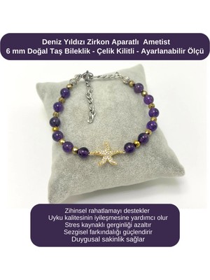 Yıldız Doğal Taş Sertifikalı Deniz Yıldızı Zirkon Aparatlı Ametist - 6mm Doğal Taş Bileklik - Ayarlanabilir Ölçü