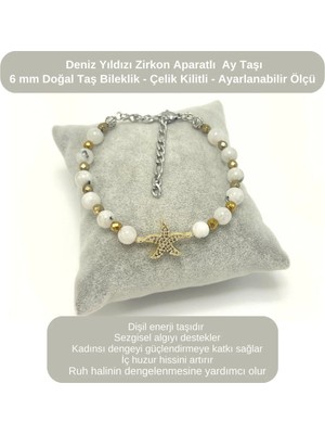 Yıldız Doğal Taş Sertifikalı Deniz Yıldızı Zirkon Aparatlı Ay Taşı - 6mm Doğal Taş Bileklik - Ayarlanabilir Ölçü