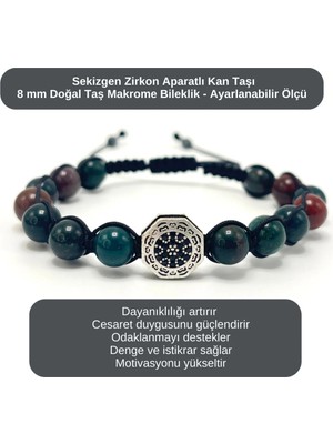 Yıldız Doğal Taş Sertifikalı Zirkon Aparatlı Kan Taşı - 8mm Doğal Taş Bileklik Makrome Ayarlanabilir Ölçü