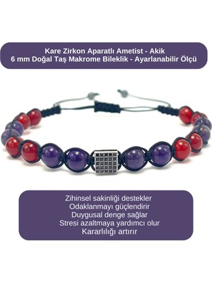 Yıldız Doğal Taş Sertifikalı Zirkon Aparatlı Ametist - Akik - 6mm Doğal Taş Makrome Bileklik Ayarlanabilir Ölçü