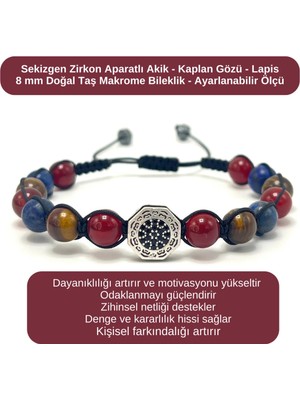 Yıldız Doğal Taş Sertifikalı Zirkon Aparatlı Akik - Kaplan Gözü - Lapis - 8mm Doğal Taş Bileklik Ayarlanabilir Ölçü