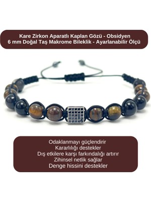 Yıldız Doğal Taş Sertifikalı Zirkon Aparatlı Kaplan Gözü - Obsidyen - 6mm Doğal Taş Bileklik Ayarlanabilir Ölçü