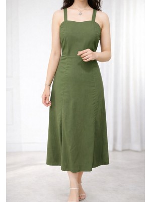 Lifera Butik Lifera Askılı Kare Yaka Midi Elbise