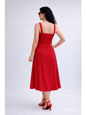 Lifera Butik Lifera Askılı Kare Yaka Midi Elbise