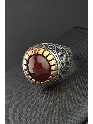 Ose Shop Akik Taşlı Tuğra Detaylı 925 Ayar Gümüş Erkek Yüzük