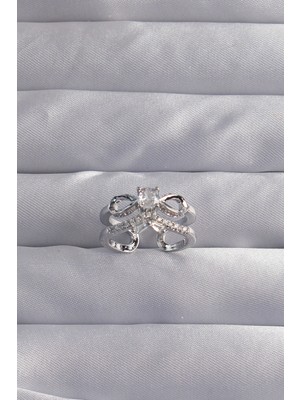 Pirinç Ayarlamalı Gümüş Renk Zirkon Taşlı 2li Görünüm Fiyonk Yüzük