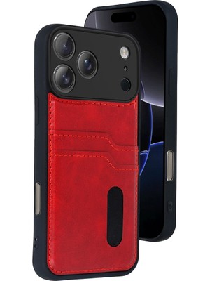 Fırsatkolik iPhone 17 Pro Sara Kartvizitli Deri Kılıf - Kırmızı