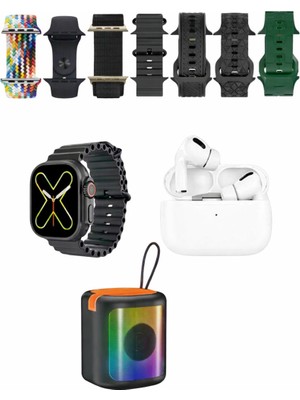 Fırsatkolik K28 Kombo 7 Adet Kordon (Saat Değildir) Akıllı Saat Airpods Kulaklık Kablosuz Hoparlör Set - Siyah