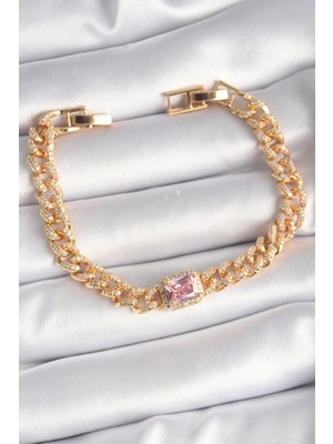 Pirinç Gold Renk Pembe Kare Zirkon Taşlı Vıp Seri Kadın Bileklik