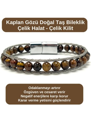 Yıldız Doğal Taş Sertifikalı Kaplan Gözü 6mm Doğal Taş Bileklik Çelik Halat Çelik Kilit