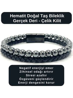 Yıldız Doğal Taş Sertifikalı Hematit Doğal Taş Bileklik Gerçek Deri Çelik Kilit