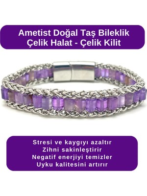 Yıldız Doğal Taş Sertifikalı Ametist Doğal Taş Bileklik Çelik Halat Çelik Kilit
