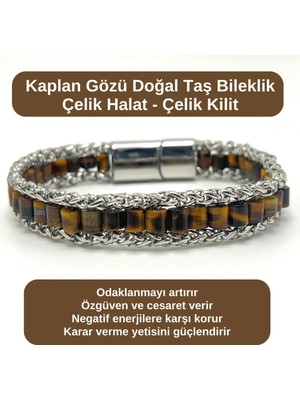 Yıldız Doğal Taş Sertifikalı Kaplan Gözü Doğal Taş Bileklik Çelik Halat Çelik Kilit