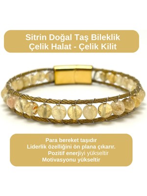 Yıldız Doğal Taş Sertifikalı Sitrin 6mm Doğal Taş Bileklik Çelik Halat Çelik Kilit