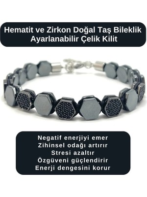 Yıldız Doğal Taş Sertifikalı Hematit ve Zirkon Taşı Doğal Taş Bileklik Ayarlanabilir Çelik Kilit