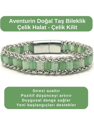 Yıldız Doğal Taş Sertifikalı Aventurin Doğal Taş Bileklik Çelik Halat Çelik Kilit