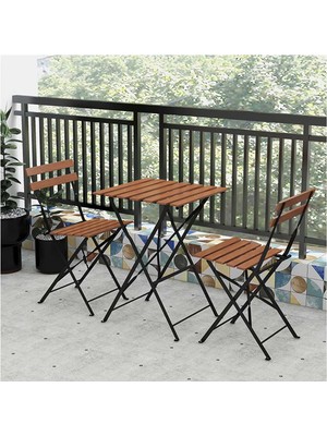 Mavi Trend Katlanır Metal Ayaklı Ahşap Masa Sandalye Bistro Üçlü Set 60X60X75 Balkon Masası Sandalye