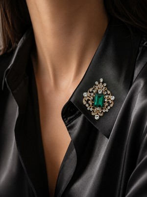 Haki Store Royal Emerald Zümrüt Yeşili Taşlı Gold Detaylı Kadın Broş