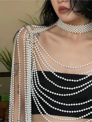 Ravinity Çok Katlı Inci Omuz Takısı Söz Nişan Nikah Davetler Için Şık Inci Kolye