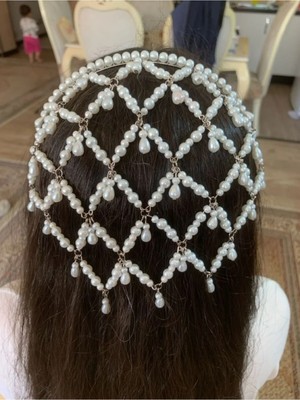 Ravinity Krem Incili Baklava Tasarım Nikah Tacı, Söz Nişan Kına Gelin Saç Aksesuarı