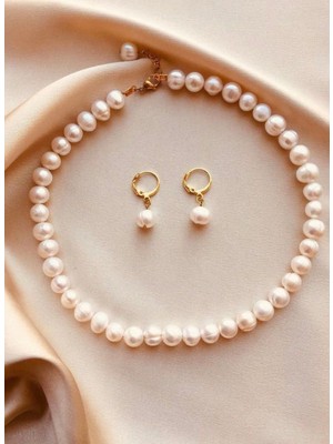 Taşmir Sertifikalı Gerçek Doğal Inci Kolye Küpe Set 8-9 mm