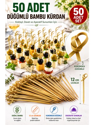 Open City 50 Adet Düğümlü Bambu Kürdan 12 cm Kokteyl Parti Davet Aperatif Sunum Kürdanı 50'li Set Paket