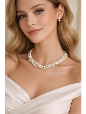 Ravinity 3 Sıra Örgü Model Krem Incili Gelin Kolyesi Söz Nişan Nikah Inci Kolye